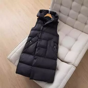 Осень и зима новый пуховик жилет женский средний и длинный выше колена жилет с капюшоном свободный 90 белый утиный пух прилив M чёрный