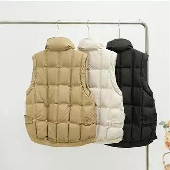 Осень и зима новый пуховик жилет женский короткий воротник стойка большой размер свободный модный белый утиный пуховик жилет M