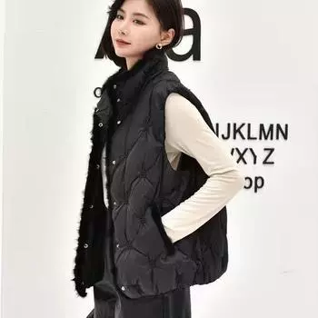 Осень и зима новый пуховик жилет женский короткий норковый мех светлый и тонкий вышитый белый утиный пух жилет куртка прилив S чёрный