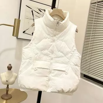 Осень и зима новый пуховик жилет женский короткий воротник стойка модный универсальный теплый жилет куртка выглядит тонким и модным S чёрный