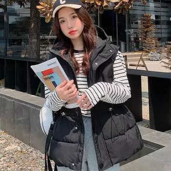 осень и зима новый пуховый хлопковый жилет женская верхняя одежда с капюшоном универсальный модный жилет короткий жилет куртка M чёрный