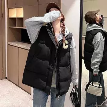 Осень и зима новый пуховый хлопковый жилет женский средний и длинный верхняя одежда повседневный универсальный жилет жилет стеганая куртка S чёрный