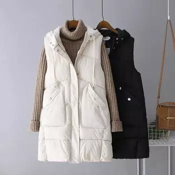 Осень и зима новый пуховый хлопковый жилет с капюшоном женский жилет средней и длинной длины корейская версия свободный простой жилет куртка M чёрный