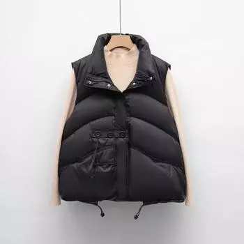 Осень и зима новый пуховый жилет женский жилет короткий воротник стойка легкий и свободный жилет белый утиный пух теплая куртка One size чёрный