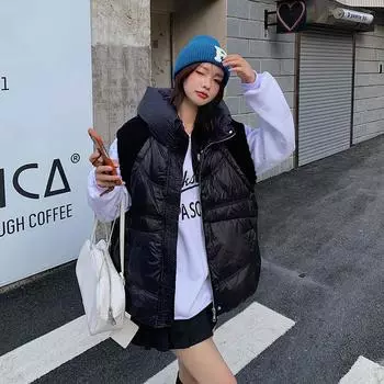 Осень и зима новый пуховый жилет жилет женский с капюшоном повседневный корейский вариант модный трикотажные манжеты белый утиный пух куртка M кофейный