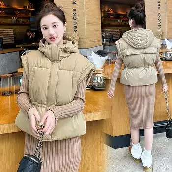 Осень и зима новый пуховый жилет жилет с капюшоном теплый пуховик хлопковый безрукавка утолщенная талия свободный большой размер сзади M чёрный