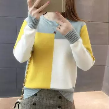 Осень и зима, новый пуловер, свитер, женский корейский женский свободный цвет, нижняя рубашка с длинными рукавами One Size