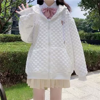 Осень и зима новый японский стиль милый свободный ретро универсальный студенческий нишевый дизайн вафельная куртка женский кардиган топ M