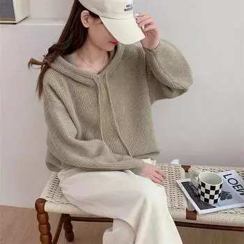 Осень и зима новый яркий шелковый вязаный свитер повседневная женская одежда с капюшоном на шнурке свитер короткий свободный свитер с длинными рукавами женская куртка one size fits all абрикосовый