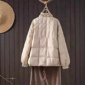 Осень и зима новый ретро пряжка воротник грибок свободный белый утиный пух корейская версия легкий пуховик женский короткий пальто M хаки