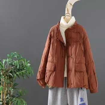 Осень и зима новый ретро-пуховик с воротником-стойкой женский легкий и тонкий модный повседневный короткий белый пуховик женский M чёрный