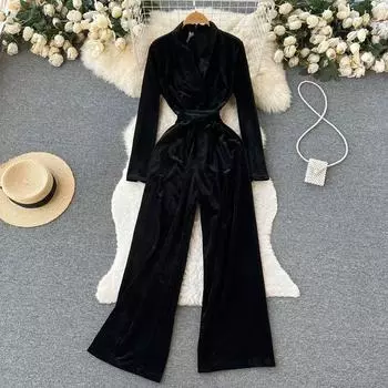 Осень и зима новый ретро с v-образным вырезом темпераментный золотой бархатный маленький черный комбинезон знаменитости с ароматным ветром