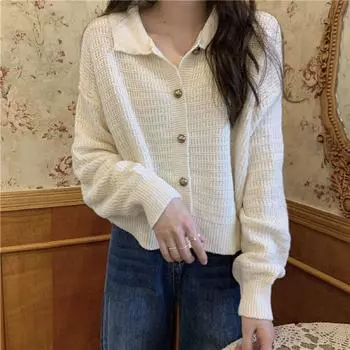 Осень и зима новый ретро стиль лацкан однотонный свободный и универсальный свитер вязаный кардиган женский One Size