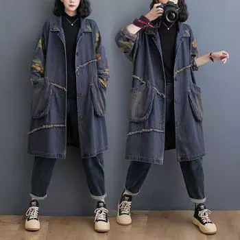 Осень и зима новый ретро стирка плюс размер повседневный свободный утягивающий джинсовый тренчкот средней длины для женщин M темно-синий