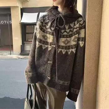 Осень и зима новый ретро жаккардовый свитер куртка женская ленивый ветер контрастного цвета с капюшоном вязаный кардиган куртка толстый One Size