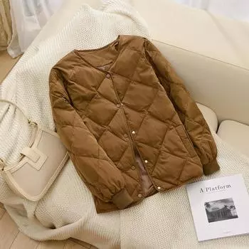 Осень и зима новый ромбовидный сетчатый легкий и тонкий пуховик женский короткий круглый вырез свободная куртка большого размера бейсбольная куртка S