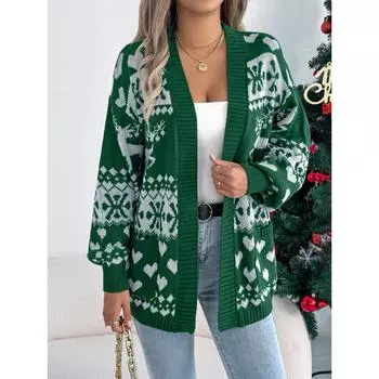 Осень и зима Новый рождественский олень Pattern Карман с длинными рукавами пуловер свитер кардиган куртка для женщин S зелёный