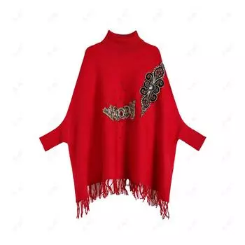 Осень и зима новый шаль накидка женская вышитые бисером буквы рукава летучая мышь средняя и длинная водолазка свитер тонкий вязаный свитер average size