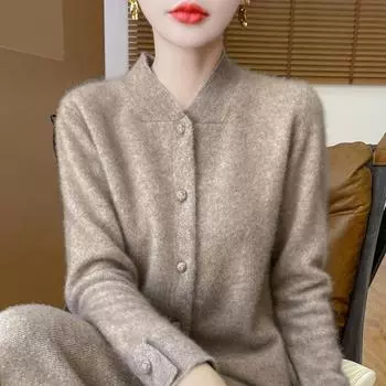 Осень и зима новый шерстяной кардиган женский халат воротник стойка однотонный кашемировый свитер куртка женская трикотажная верхняя одежда XXL