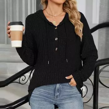 Осень и зима новый скользящий цветной капюшон с пуговицами свободный длинный рукав худи для женщин L чёрный