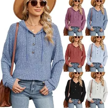 Осень и зима новый скользящий цветной капюшон с пуговицами свободный длинный рукав худи для женщин L чёрный