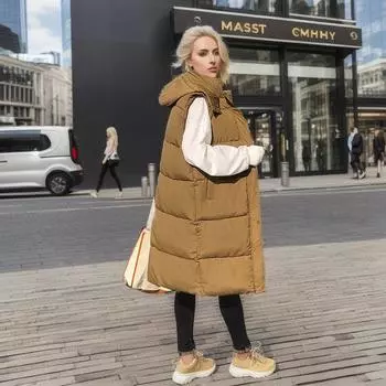 Осень и зима новый средний и длинный жилет женский с капюшоном одежда жилет тонкий пиджак M