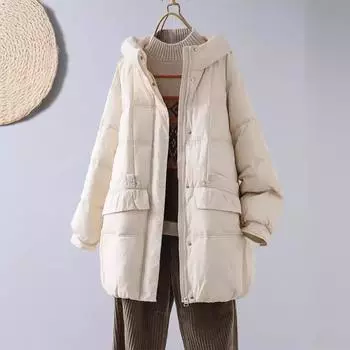 Осень и зима новый средний и длинный толстый пуховик с капюшоном женский корейская версия белый утиный пух свободное теплое толстое пальто прилив average size красный