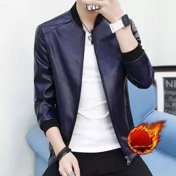 Осень и зима Новый стиль бархатная утолщенная мужская куртка из искусственной кожи повседневная мотоциклетная куртка мужская модная и красивая кожаная куртка M