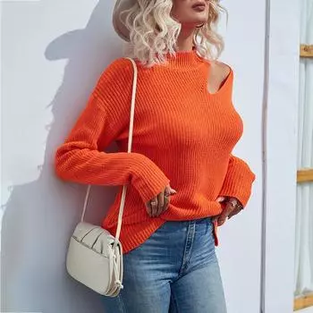 Осень и зима новый стиль европейский и американский однотонный трикотаж полуводолазка дырявый плечевой свитер для женщин S