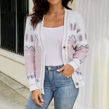 Осень и зима новый стиль европейский и американский свитер женский контрастный цвет однобортный вязаный повседневный кардиган куртка S бежевый