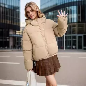 Осень и зима новый стиль кожаная куртка женская воротник стойка короткая теплая одежда из хлопка S хаки