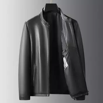 Осень и зима, новый стиль, куртка из козьей кожи с воротником-стойкой на молнии для мужчин среднего и пожилого возраста, модная куртка из натуральной кожи для мужчин 170
