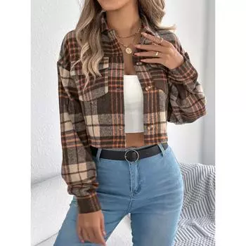 Осень и зима новый стиль лацкан карман однобортный клетчатый пиджак куртка для женщин S оранжевый