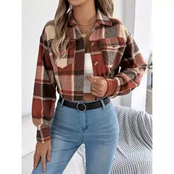 Осень и зима новый стиль лацкан карман однобортный клетчатый пиджак куртка для женщин S кофейный