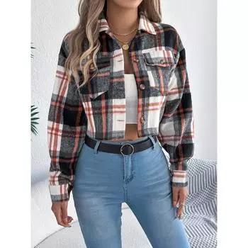 Осень и зима новый стиль лацкан карман однобортный клетчатый пиджак куртка для женщин S чёрный