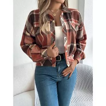 Осень и зима новый стиль лацкан ложный карман однобортный длинный рукав повседневная клетчатая куртка S розовый