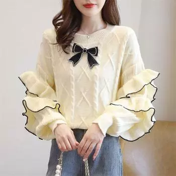 Осень и зима новый стиль маленький свежий бант свитер женский топ круглый вырез рукава с открытыми плечами оборка края трикотажный свитер one size белый