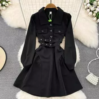 Осень и зима, новый стиль, ретро, темперамент, тонкое пышное платье с длинными рукавами и лацканами на талии