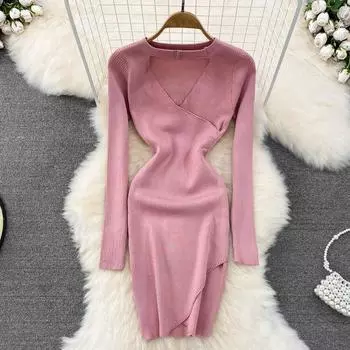 Осень и зима, новый стиль, сексуальное платье с длинным рукавом и талией, маленькое трикотажное платье нерегулярной формы