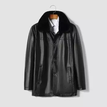 Осень и зима новый стиль средняя бархатная мужская кожаная куртка повседневная кожаная куртка свободная большого размера кожаная куртка с меховым воротником XL