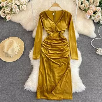 Осень и зима, новый стиль, светское темпераментное женское платье с V-образным вырезом и талией, тонкая драпировка, открытое канареечное бархатное платье