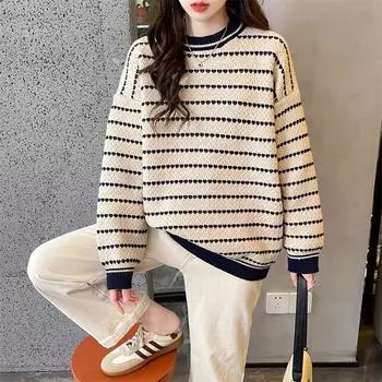 осень и зима новый свитер полосатый дизайн вязаный свитер свободный и универсальный длинный рукав круглый вырез женская куртка топ one size fits all тёмно-синий