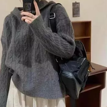 Осень и зима новый свитер женский свитер с капюшоном ретро ленивый свободный мягкий вощеный вязаный свитер свитер топ женский One size
