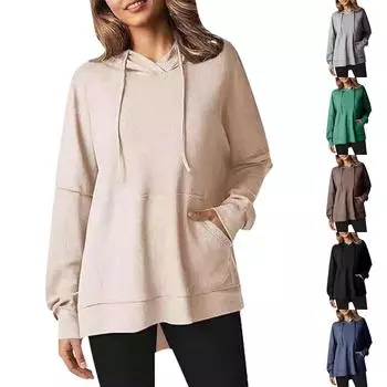 Осень и зима новый свитшот с капюшоном однотонный длинный рукав женский топ L чёрный