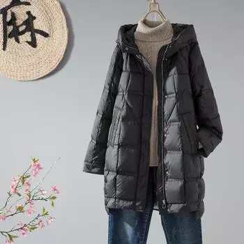Осень и зима новый свободный белый утиный пух пуховик средней и длинной длины с капюшоном женская корейская версия тонкая прессованная резиновая куртка Tide M