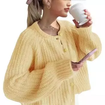 Осень и зима новый свободный и ленивый стиль однотонный длинный рукав кардиган свитер для женщин S розовый