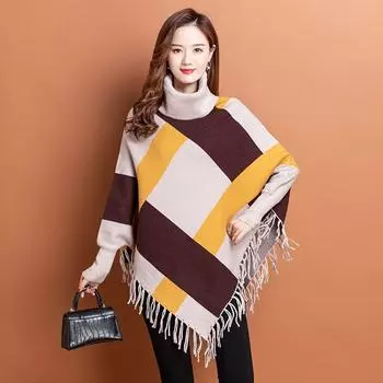 Осень и зима новый свободный и облегающий плащ с высоким воротом и кисточками шаль летучая мышь рубашка вязаный свитер пуловер женская одежда one size жёлтый