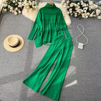 Осень и зима, новый свободный свитер с высоким воротником и широкими длинными брюками, комплект из двух предметов