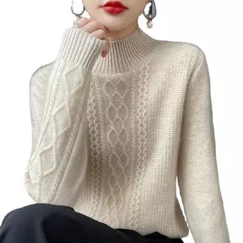 Осень и зима, новый свободный свитер с половиной высокого воротника, женская вязаная подкладка M розовый