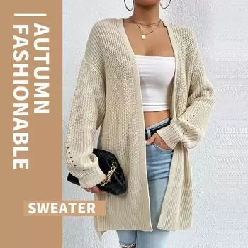 Осень и зима новый свободный свитер средней длины вязаный кардиган с V-образным вырезом однотонный вязаный свитер S чёрный